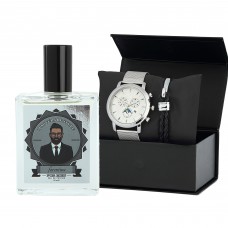Erkek Gri Hasır Kol Saati Parfum Set PS1536