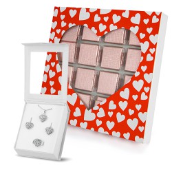 Forentina Gümüş Kaplama Kalpli Kolye Küpe Yüzük Set - Çikolata Hediye Set PS2232