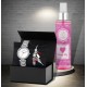 Forentina Kadın Metal Gri Metal Kol Saati Melek Bileklik Kombin & Body Mist Hediye Set PS3049