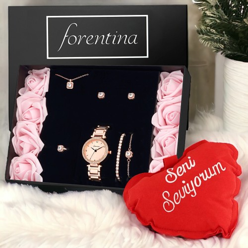 Forentina Rose Tektaş Kolye Küpe Bileklik Yüzük Saat Kalpli Yastık Hediye Set PS3398