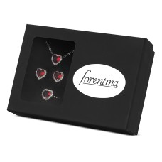 Forentina Gümüş Kaplama Kırmızı Kalpli Kolye Küpe Yüzük-Güllü Siyah Kutuda Hediye Set PS3463