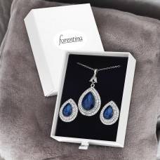 Forentina Gümüş Kaplama Lacivert Taşlı Kolye Küpe-Özel Beyaz Kutuda Hediye Set PS3679