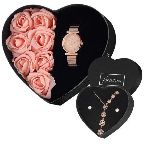 Forentina Rose Güllü Kutuda Rose Metal Kol Saati-Rose Sallantılı Kartanesi Kolye Küpe Takı Seti PS3959