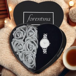 Forentina Gri Güllü Kutuda Gri Metal Kol Saati-Sonsuzluk Kolye Küpe Bileklik Yüzük Takı Seti PS3968