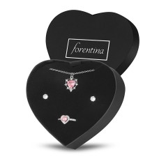 Forentina Gri Güllü Kutuda Gri Metal Kol Saati-Pembe Taşlı Kalpli Kolye Küpe Yüzük Takı Seti PS3966