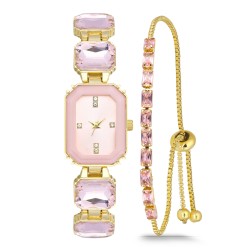 Forentina Pembe Taşlı Gold Renk Kol Saati-Pembe Taşlı Asansör Bileklik PS4097