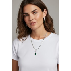 Forentina Yeşil Taşlı Gümüş Renk Kolye Küpe Kombin Set PS4111