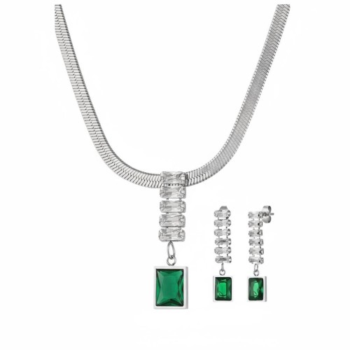 Forentina Yeşil Taşlı Gümüş Renk Kolye Küpe Kombin Set PS4111