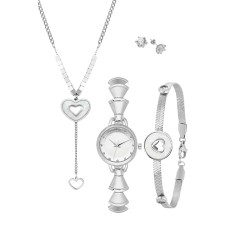 Forentina Gümüş Rengi Sallantılı Kalp Kolye Bileklik Tektaş Küpe Saat Kombin PS4113