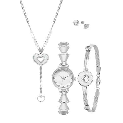 Forentina Gümüş Rengi Sallantılı Kalp Kolye Bileklik Tektaş Küpe Saat Kombin PS4113