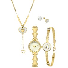 Forentina Gold Renk Kalp Kolye Bileklik Tektaş Küpe Saat Kombin PS4114