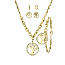 Forentina Çelik Gold Renk Hayat Ağacı Kolye Küpe Bileklik Set PS4115