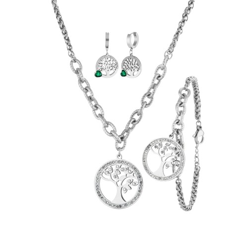 Forentina Çelik Gümüş Renk Hayat Ağacı Kolye Küpe Bileklik Set PS4116