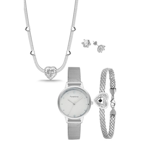 Forentina Gri Yılan Zincir Kalpli Kolye Bileklik Küpe-Saat Kombin PS4117