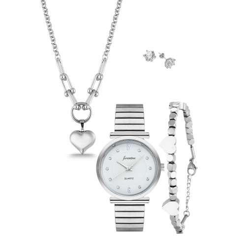 Forentina Kalpli Kolye Bileklik Küpe-Gri Metal Saat Kombin PS4118