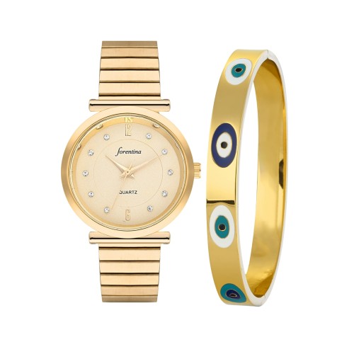 Forentina Gold Renk Bayan Kol Saati-Nazar Boncuklu Kelepçe Bilezik PS4119