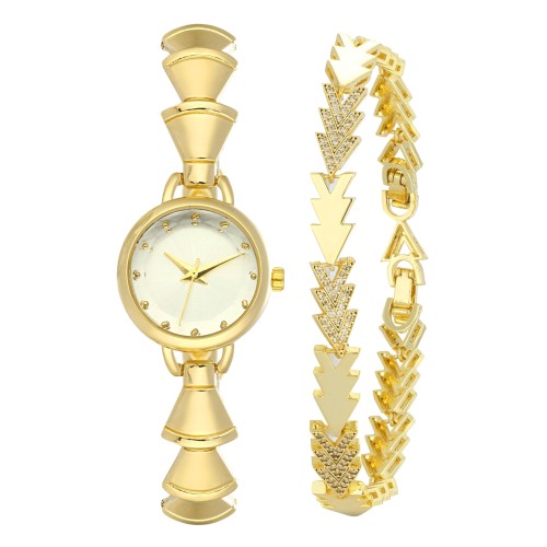 Forentina Gold Renk Bayan Metal Kol Saati Taşlı Bileklik Kombin Set PS4122