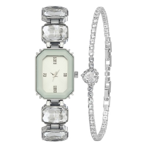 Forentina Beyaz Taşlı Gri Bayan Kol Saati-Taşlı Kalpli Bileklik PS4124