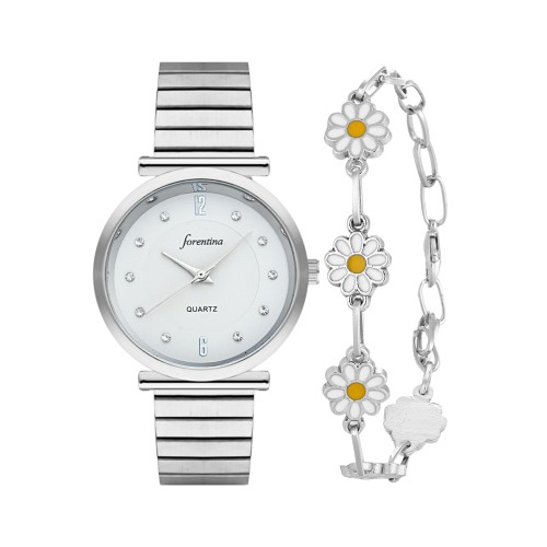 Forentina Bayan Gri Metal Kol Saati-Papatya Bileklik Kombin Set PS4126