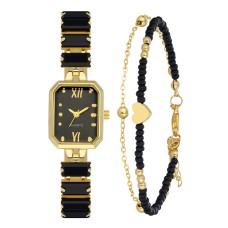 Forentina Siyah Baget Taşlı Gold Renk Kol Saati-Çift Zincir Kalpli Bileklik PS4128