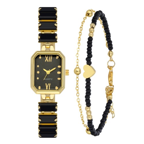 Forentina Siyah Baget Taşlı Gold Renk Kol Saati-Çift Zincir Kalpli Bileklik PS4128