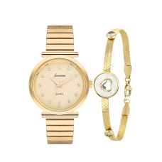 Forentina Gold Renk Metal Bayan Kol Saati-Yılan Zincirli Kalpli Bileklik Set PS4136