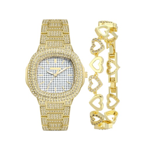 Forentina Gold Renk Zirkon Taşlı Bayan Kol Saati-Taşlı Kalp Bileklik PS4138