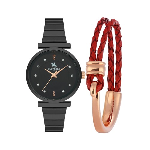 Forentina Bayan Siyah Kol Saati-Kırmızı Deri Bileklik Kombin Set PS4143