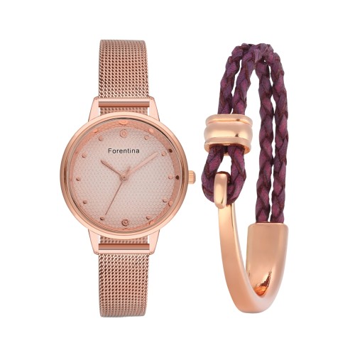 Forentina Bayan Rose Hasır Kol Saati-Rose Deri Bileklik PS4144
