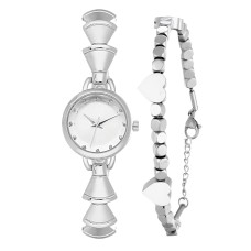 Forentina Gri Metal Bayan Kol Saati-Gri Kalpli Bileklik Set PS4148