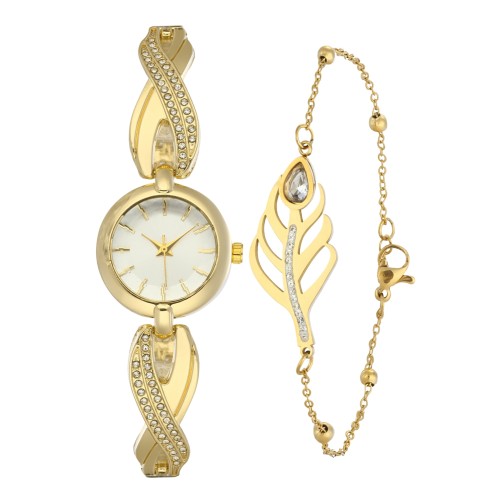 Forentina Taşlı Bayan Kol Saati-Yaprak Model Bileklik Kombin Set PS4149