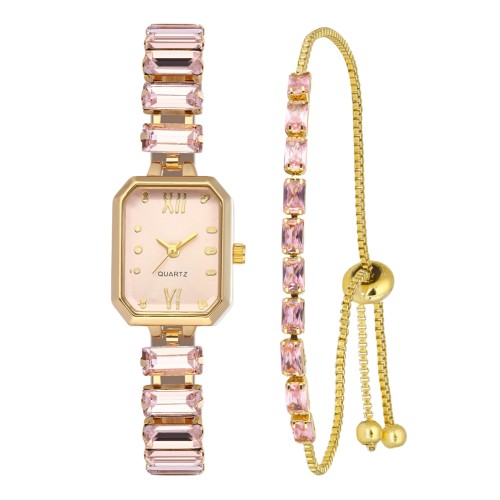 Forentina Pembe Baget Taşlı Gold Renk Saat-Pembe Taşlı Bileklik PS4150
