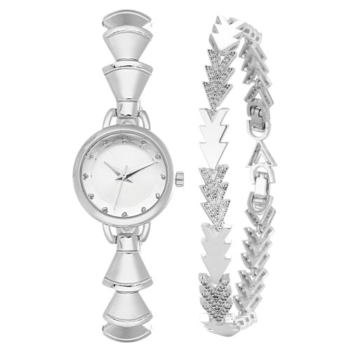 Forentina Gri Renk Bayan Metal Kol Saati Taşlı Bileklik Kombin Set PS4152