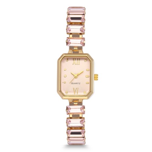 Forentina Bayan Pembe Baget Taşlı Gold Renk Kol Saati PS4162