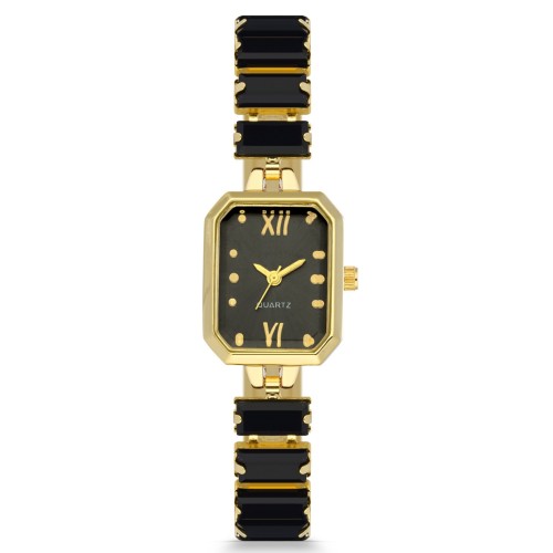 Forentina Gold Renk Siyah Baget Taşlı Bayan Kol Saati PS4168