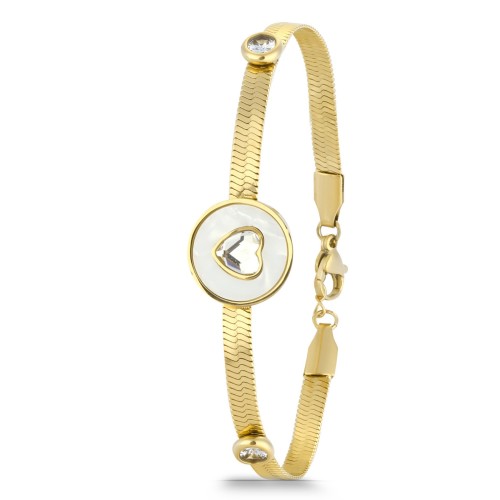 Forentina Gold Renk Yılan Zincirli Mineli Kalp Bileklik PS4193 Forentina Gold Renk Yılan Zincirli Mineli Kalp Bileklik PS4193