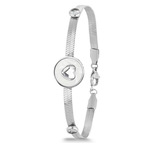 Forentina Gümüş Rengi Yılan Zincirli Mineli Kalp Bileklik PS4194