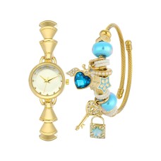 Forentina Gold Renk Bayan Kol Saati-Mavi Kalpli Charm Bileklik Set PS4198