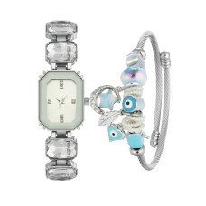 Forentina Beyaz Taşlı Bayan Kol Saati-Nazar Boncuklu Charm Bileklik Set PS4201