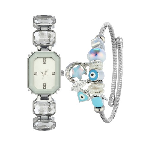 Forentina Beyaz Taşlı Bayan Kol Saati-Nazar Boncuklu Charm Bileklik Set PS4201